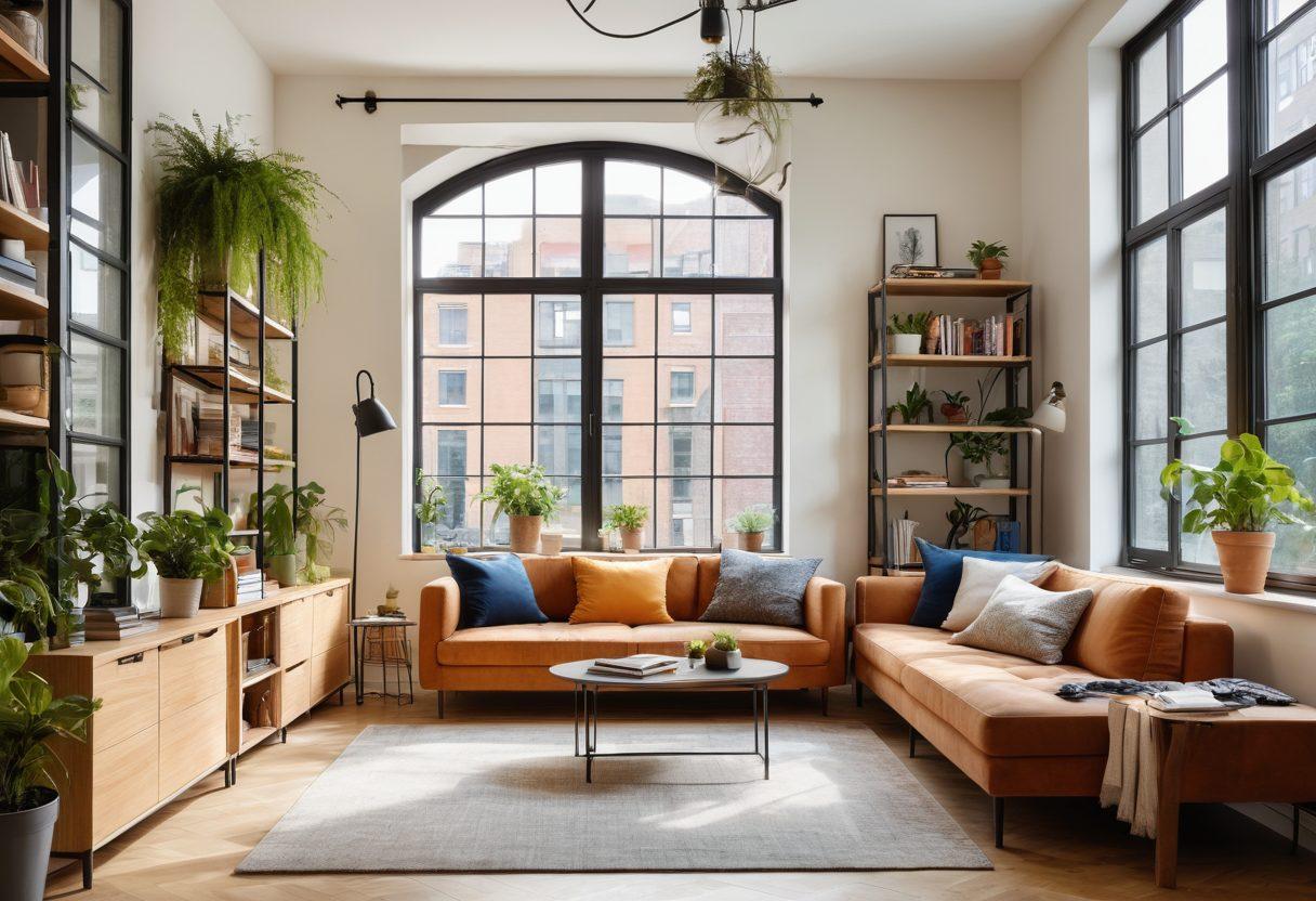 A stylish urban apartment interior featuring multifunctional furniture and clever storage solutions, with vibrant greenery peeking through large windows, and warm, inviting lighting. Include a cozy reading nook and a tastefully organized workspace. Show a harmonious blend of modern design and personal touches like art and decor. modern design. vibrant colors. bright natural light.