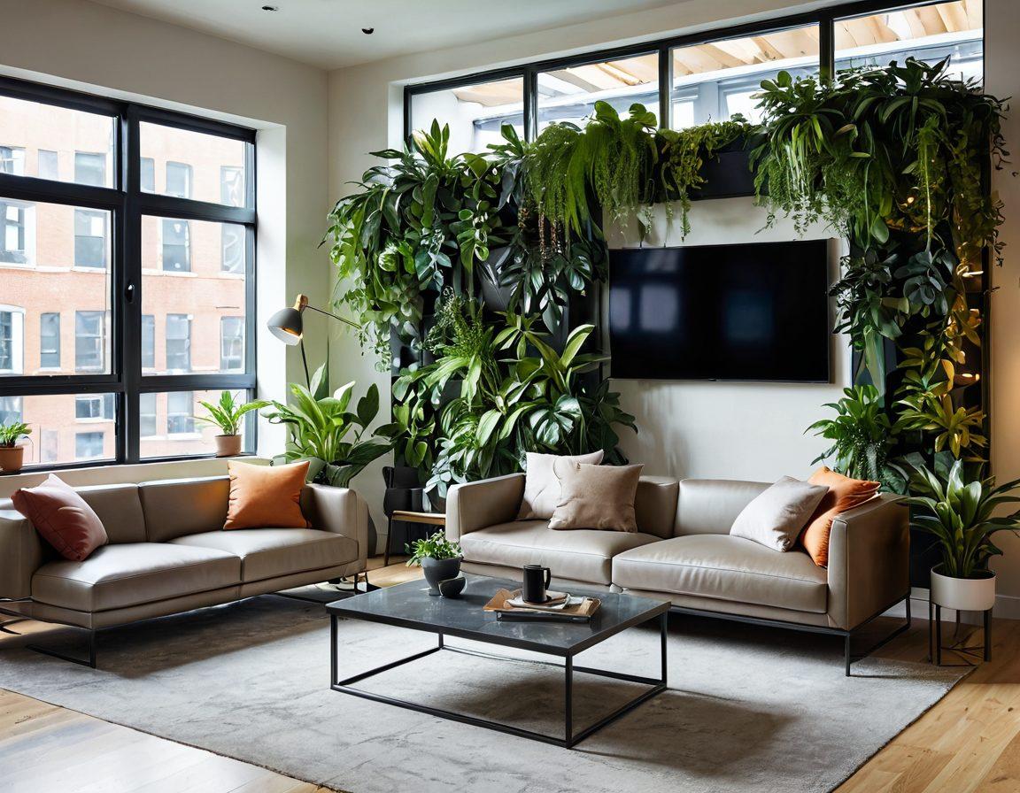 A modern urban apartment interior showcasing innovative space-saving furniture and smart home technology. The room is filled with greenery from indoor plants, large windows letting in natural light, and a cozy seating area. Include futuristic gadgets, like a smart coffee table and an interactive wall display, illustrating a blend of style and functionality. The color palette should be warm tones mixed with sleek metallics for a contemporary feel. super-realistic. vibrant colors.
