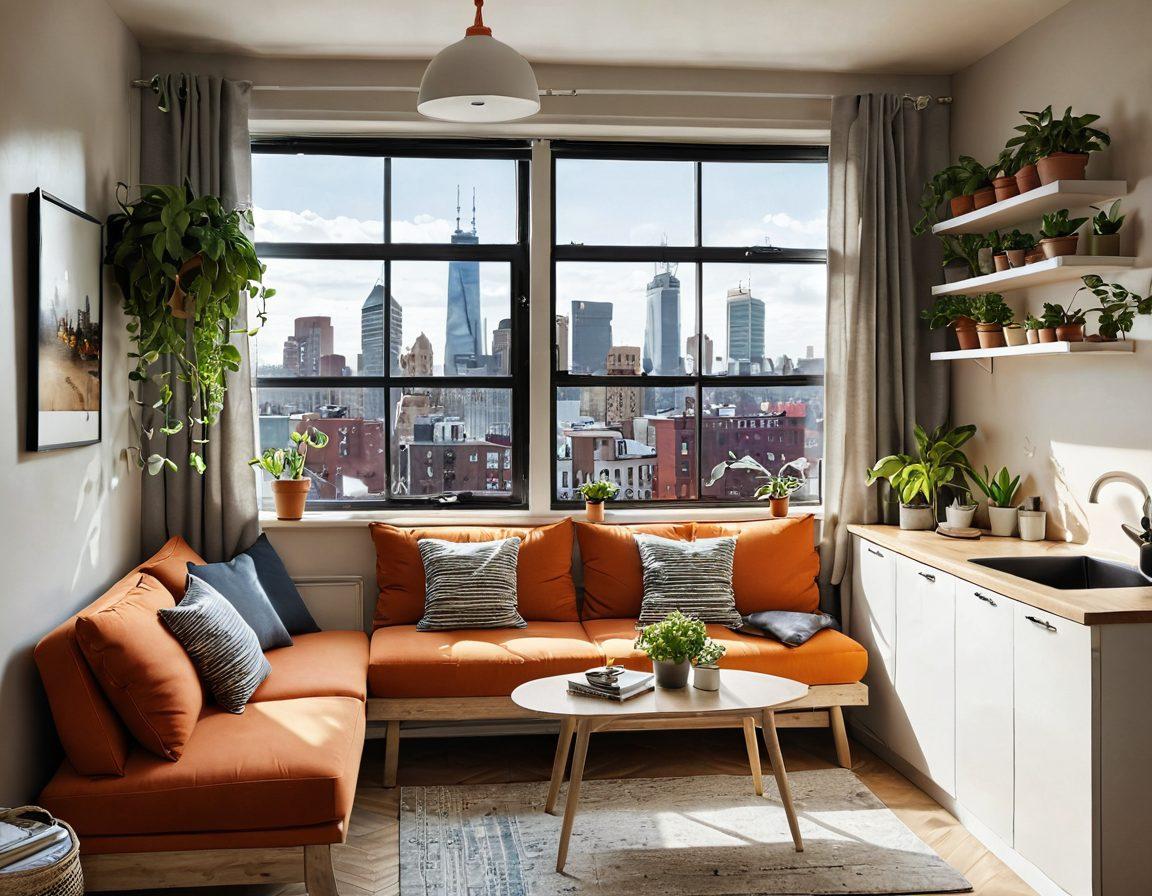 A cozy, stylish small apartment filled with clever storage solutions and vibrant decor. Include a multifunctional sofa bed, hanging plants, and a compact dining table folded against the wall. Natural light streaming through a large window, with a city skyline visible in the distance. Use warm colors to create an inviting atmosphere. super-realistic. vibrant colors. urban style.